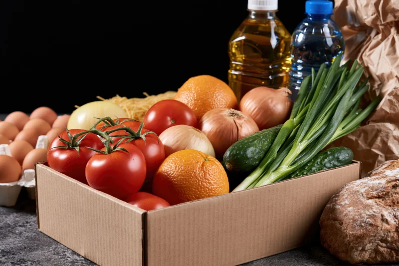 Cardboard box filled with fresh vegetables and fruit on dark surface