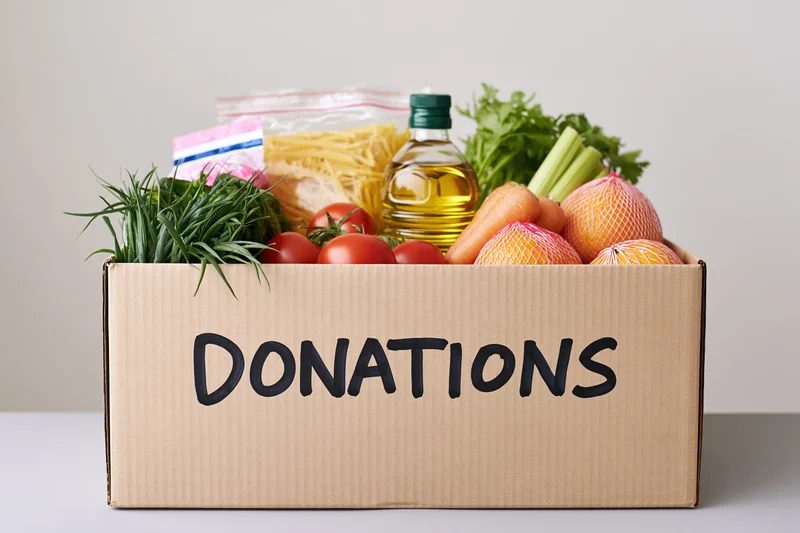 Cardboard box labeled donations filled with fresh vegetables, pasta, oil and other groceries on a table