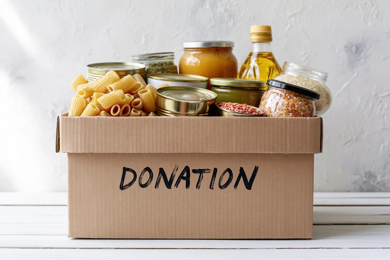 Cardboard box labeled donation filled with canned goods and pasta on white surface