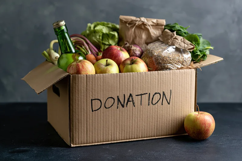 Cardboard box labeled donation filled with fresh produce and groceries on dark surface