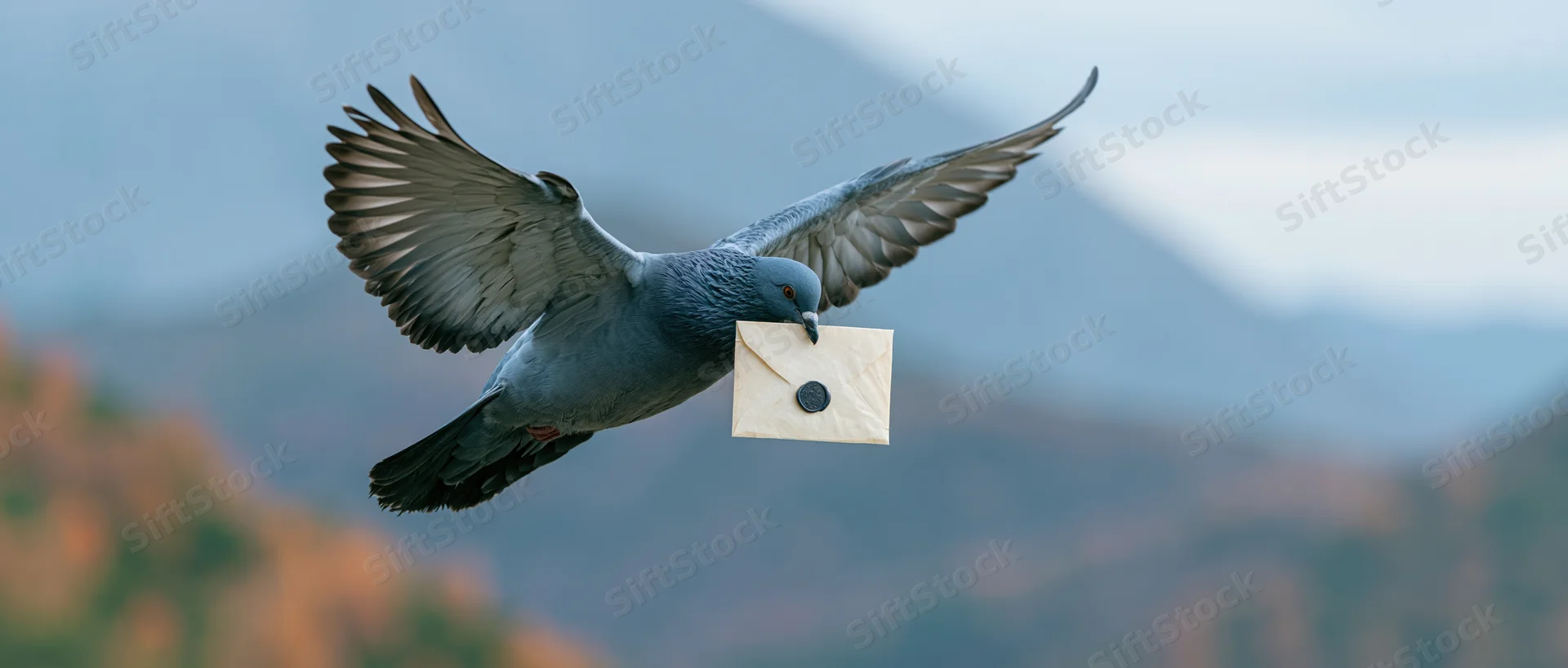 Carrier pigeon in mid-flight carrying a cream sealed envelope against mountainous backdrop
