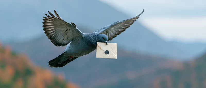 Carrier pigeon in mid-flight carrying a cream sealed envelope against mountainous backdrop