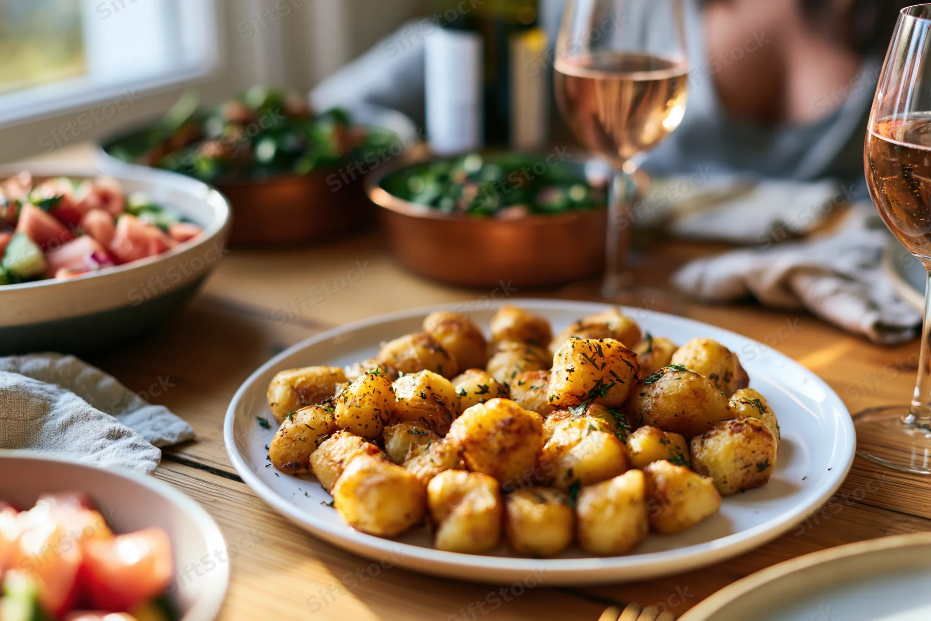 Roasted gnocchi on a white plate with salad and wine on a wooden dining table
