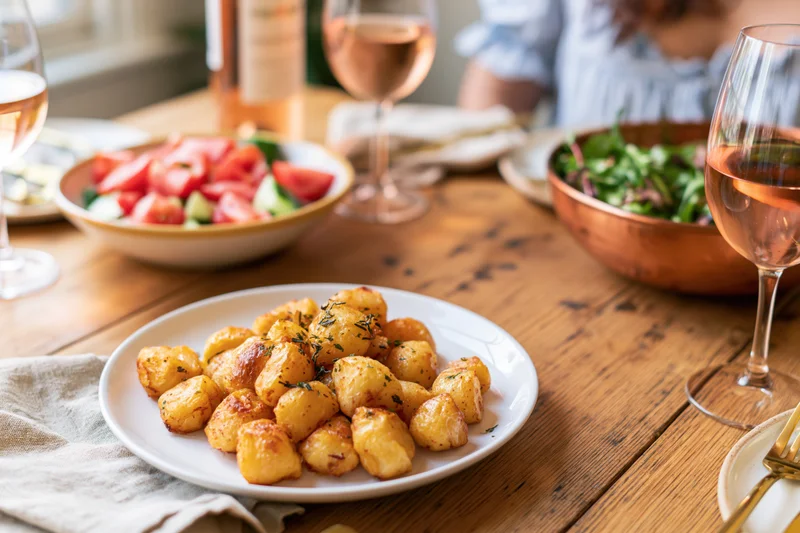Plate of golden gnocchi with herbs on a wooden table surrounded by salad, wine, and dining setup