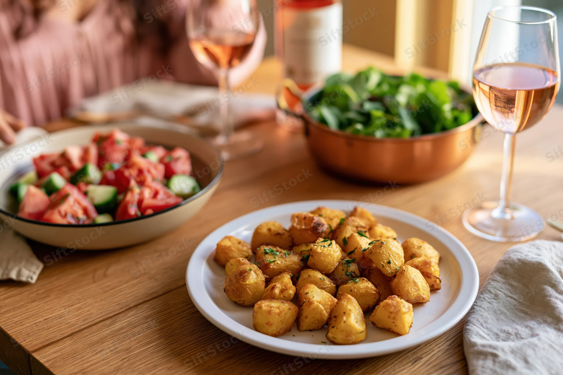 Roasted potatoes and salad on a wooden table with wine glasses and a person in the background
