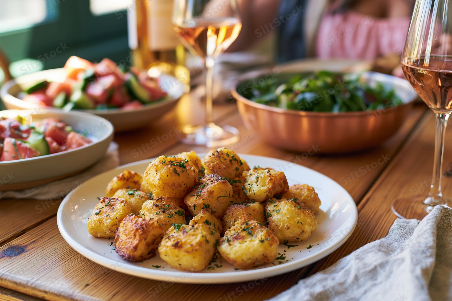 Golden-brown gnocchi on a white plate with salads and wine on a wooden dining table