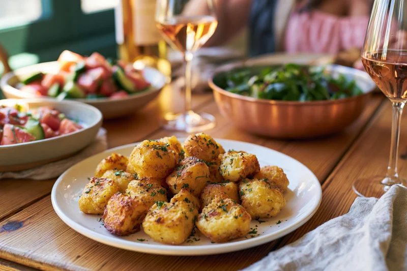 Golden-brown gnocchi on a white plate with salads and wine on a wooden dining table
