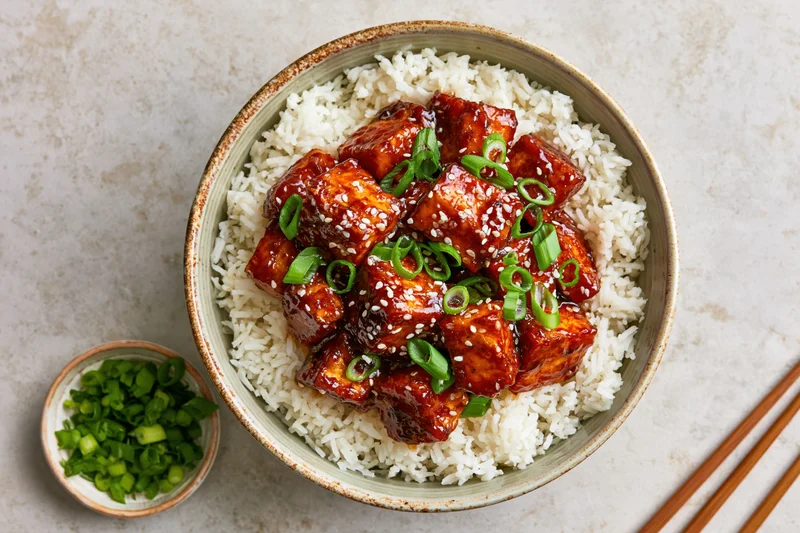 Teriyaki tofu over white rice in a ceramic bowl with green onions and chopsticks on a light countertop
