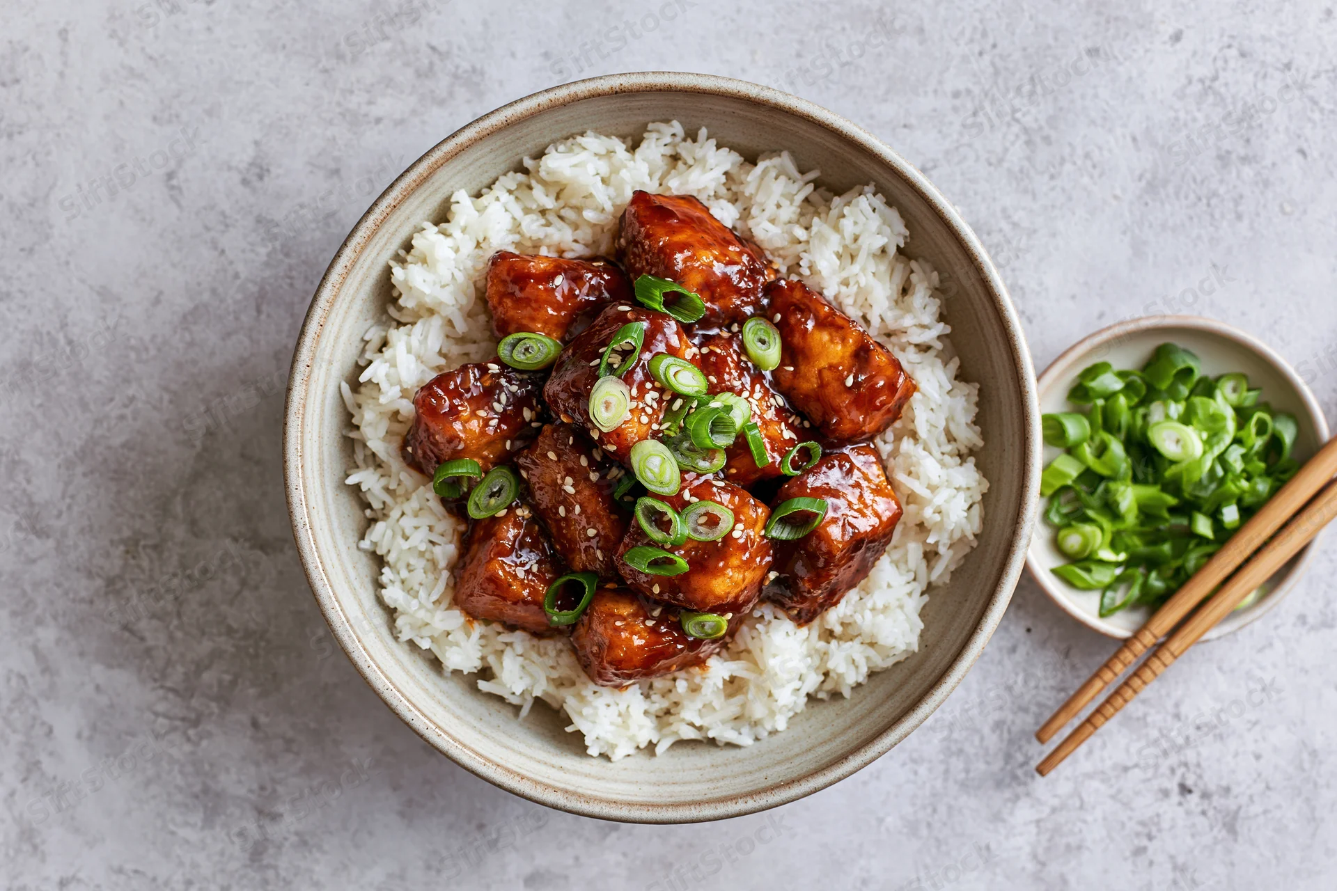 Teriyaki chicken over white rice in a ceramic bowl with chopsticks and scallions on the side