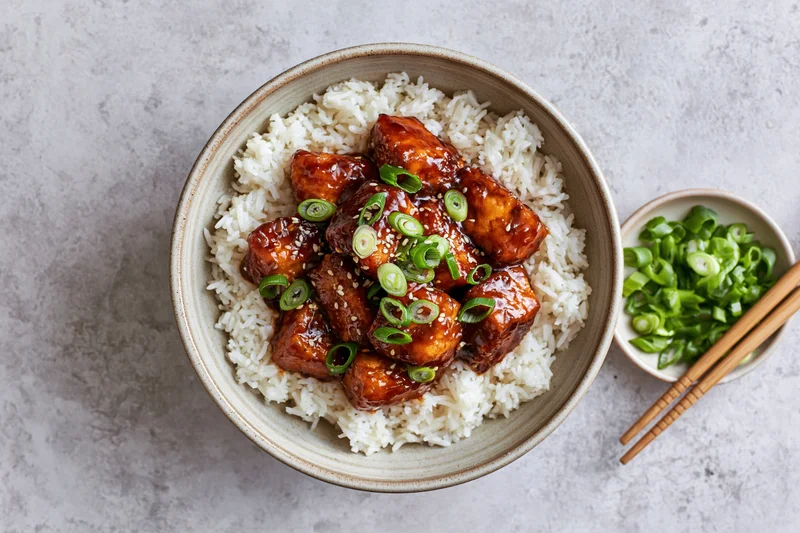 Teriyaki chicken over white rice in a ceramic bowl with chopsticks and scallions on the side