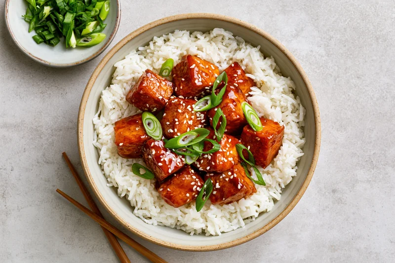 Tofu cubes in teriyaki glaze on white rice in ceramic bowl with chopsticks and green onions on side