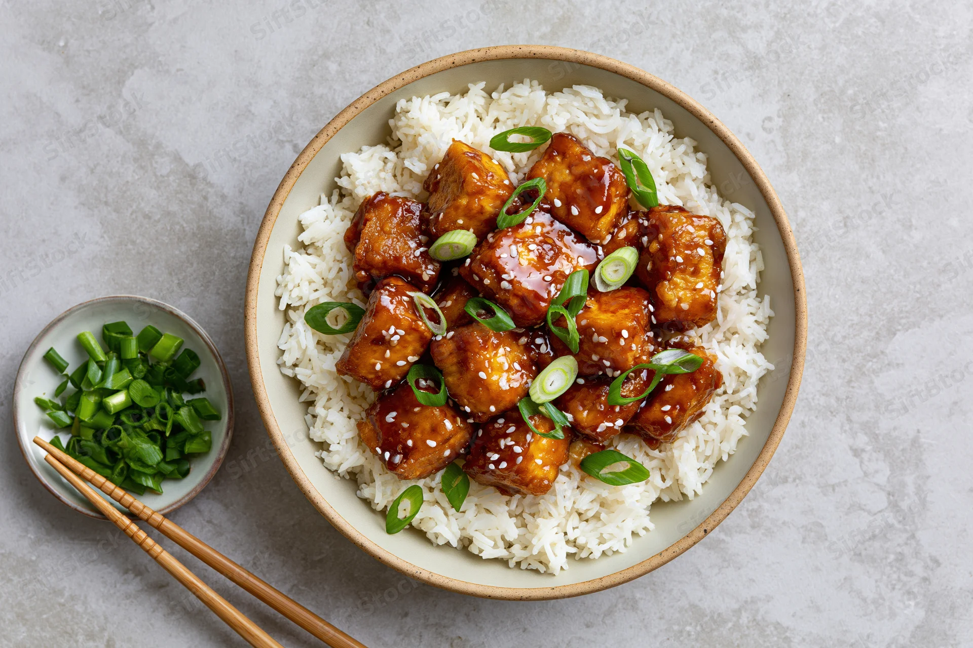 Teriyaki chicken over white rice in a ceramic bowl with chopsticks and green onions on the side