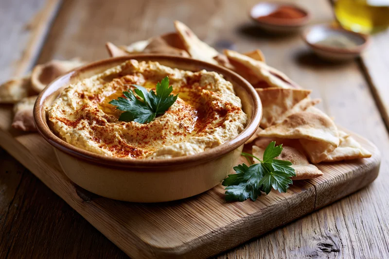 Creamy hummus in a ceramic bowl garnished with olive oil and parsley on a wooden cutting board with pita chips