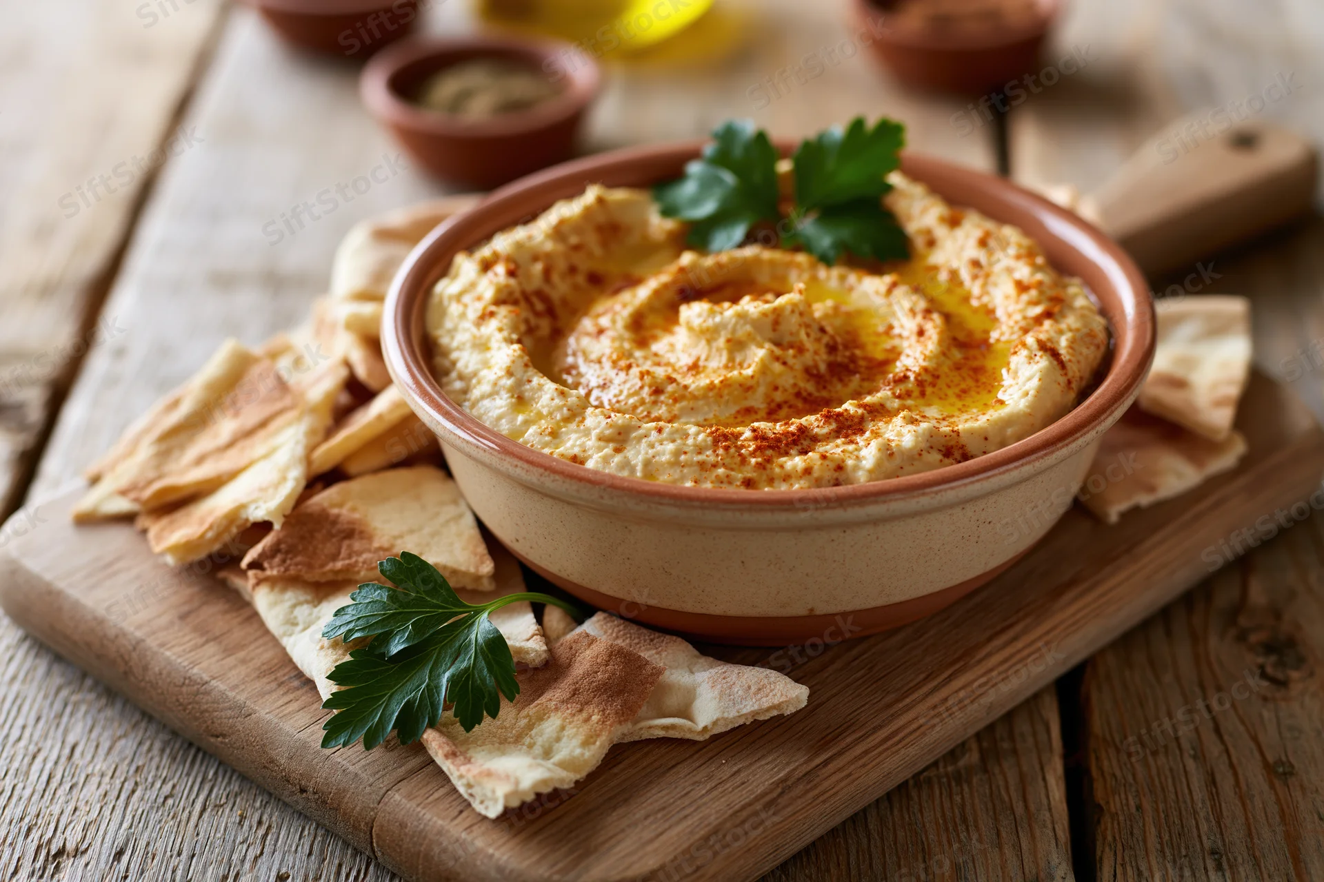 Creamy hummus swirled with olive oil and garnished with parsley in a ceramic bowl on a wooden board with pita chips
