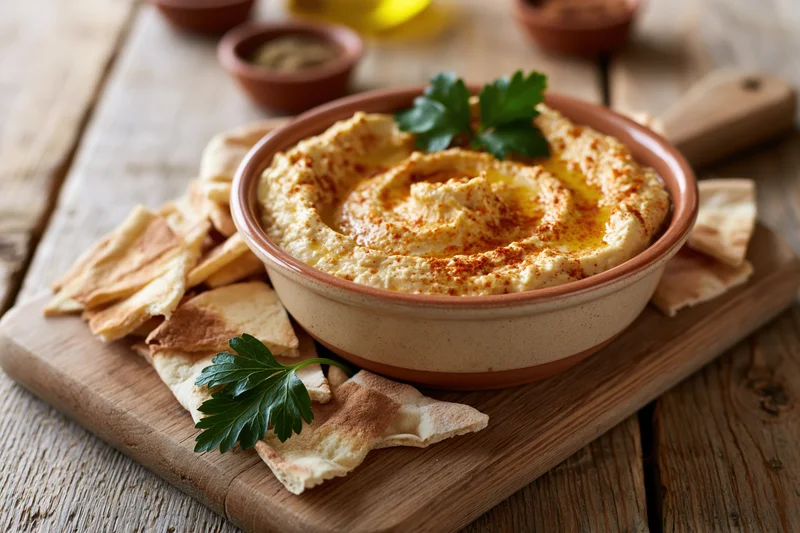 Creamy hummus swirled with olive oil and garnished with parsley in a ceramic bowl on a wooden board with pita chips
