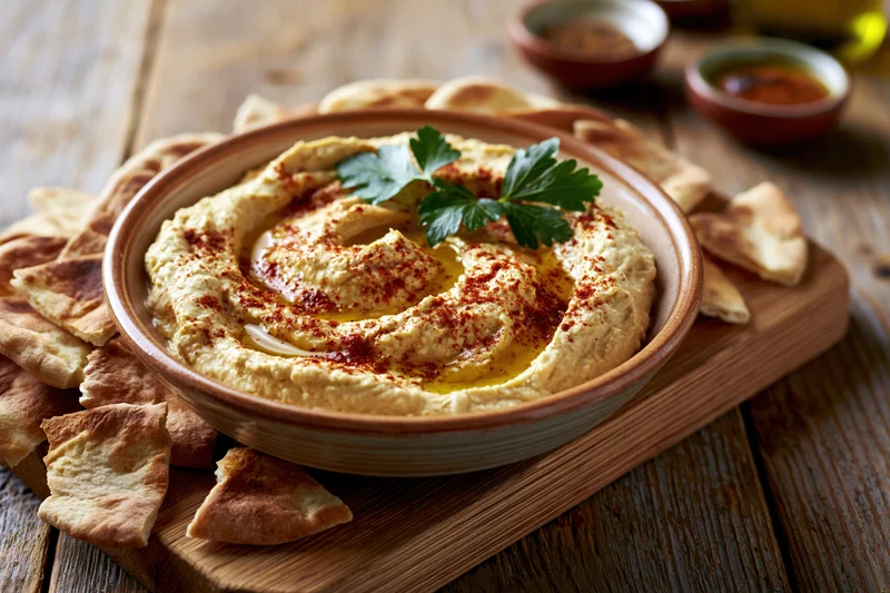 Creamy hummus in a ceramic bowl garnished with parsley and olive oil, served with pita bread on a wooden tray