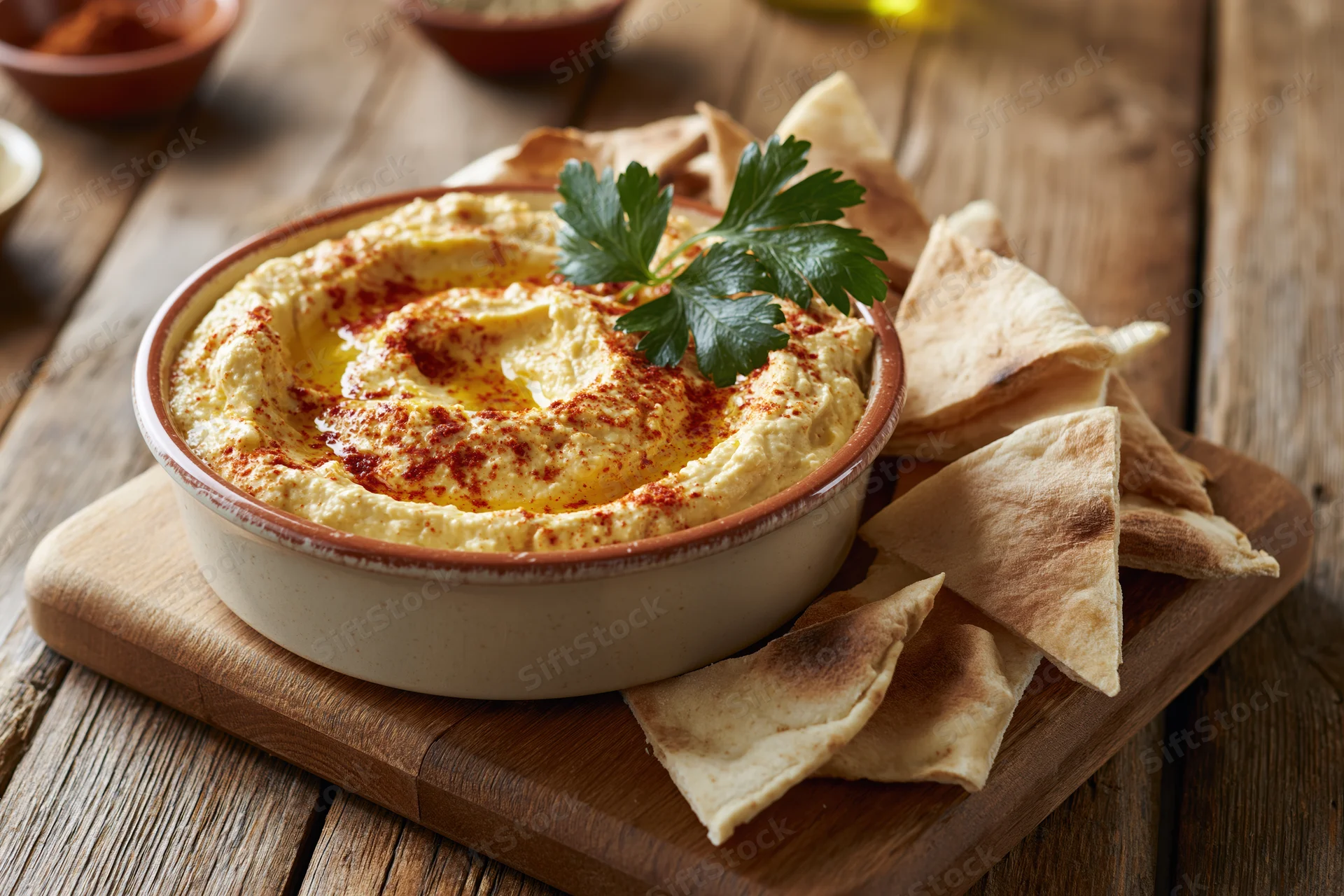 Creamy hummus in a ceramic bowl with olive oil swirl and parsley garnish on a wooden cutting board with pita bread pieces