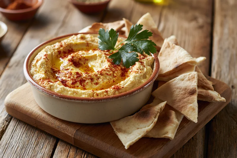 Creamy hummus in a ceramic bowl with olive oil swirl and parsley garnish on a wooden cutting board with pita bread pieces