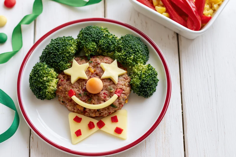 Clown face made from broccoli, cheese, meat and bell pepper on a white plate with red rim on wooden table