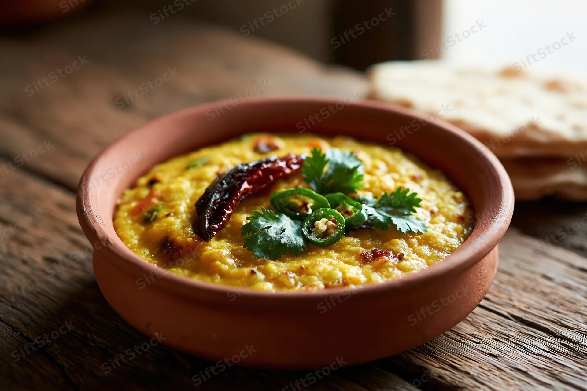Golden yellow dal tadka in a clay bowl garnished with cilantro and green chili on a wooden table