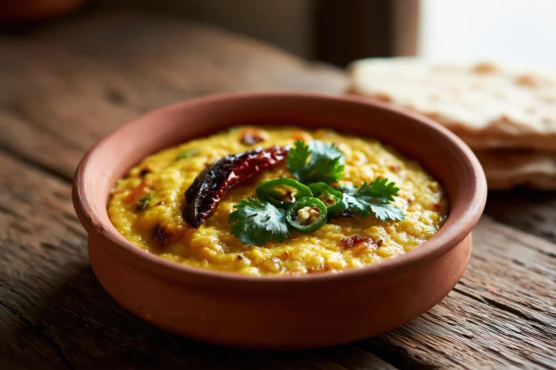 Golden yellow dal tadka in a clay bowl garnished with cilantro and green chili on a wooden table