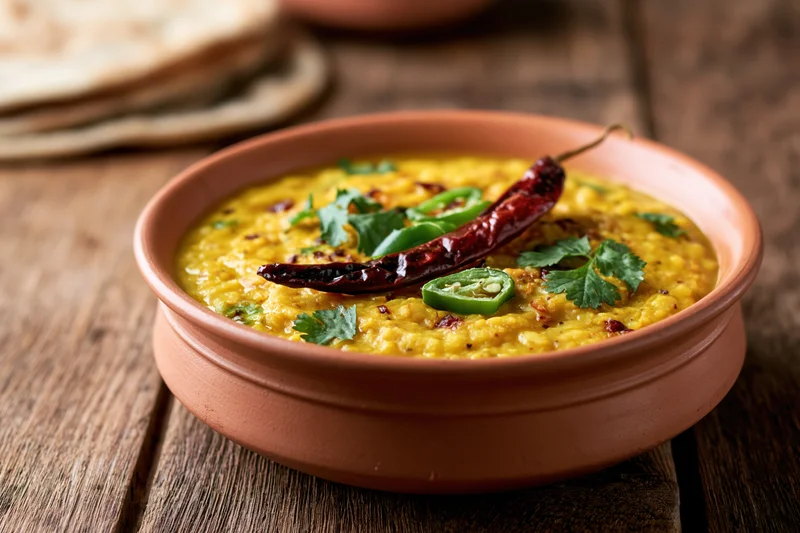 Golden yellow dal tadka in a clay bowl garnished with chili and cilantro on a wooden table