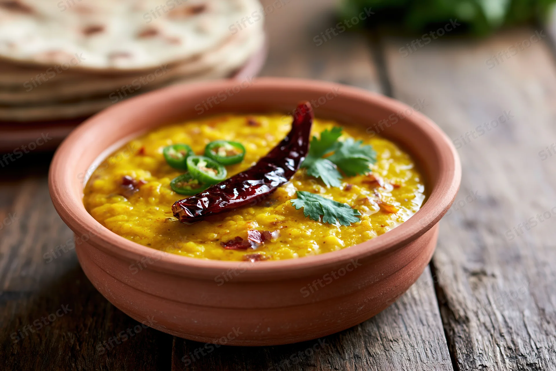 Clay bowl of golden yellow dal tadka garnished with chili and cilantro on wooden table with stack of flatbread in background