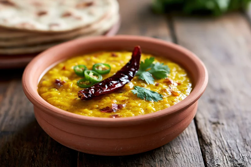 Clay bowl of golden yellow dal tadka garnished with chili and cilantro on wooden table with stack of flatbread in background