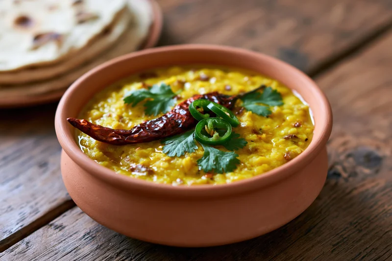 Golden yellow dal tadka in a clay bowl garnished with cilantro and chili peppers on a wooden table with flatbread beside it