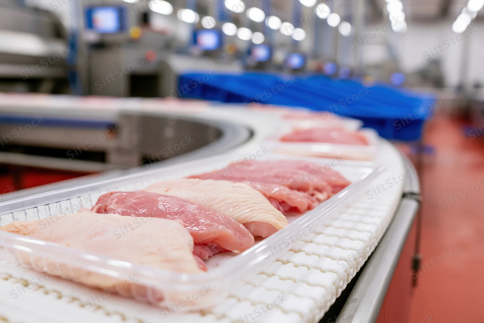 Raw chicken breasts in plastic trays moving along conveyor belt in food processing plant