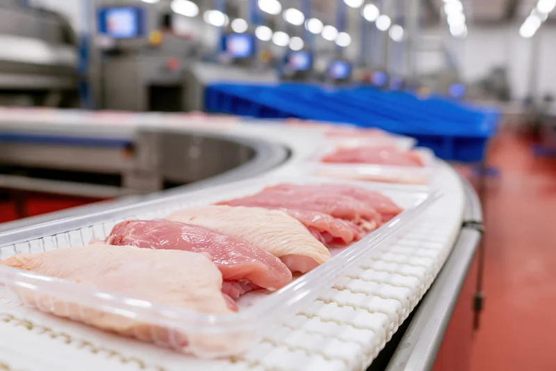 Raw chicken breasts in plastic trays moving along conveyor belt in food processing plant