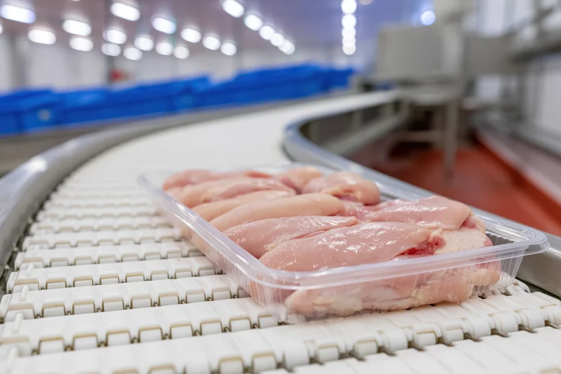 Raw chicken breasts in a clear plastic tray moving along a conveyor belt in a food processing factory
