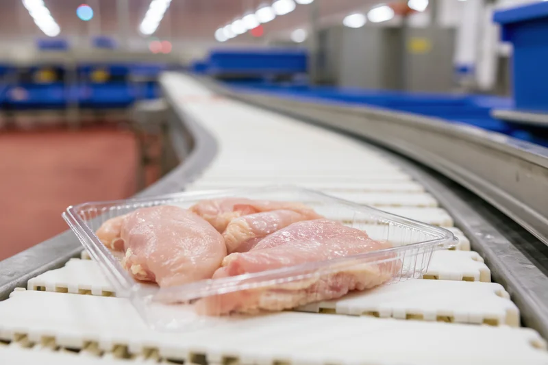 Raw chicken breasts in clear plastic tray moving along conveyor belt in food processing facility