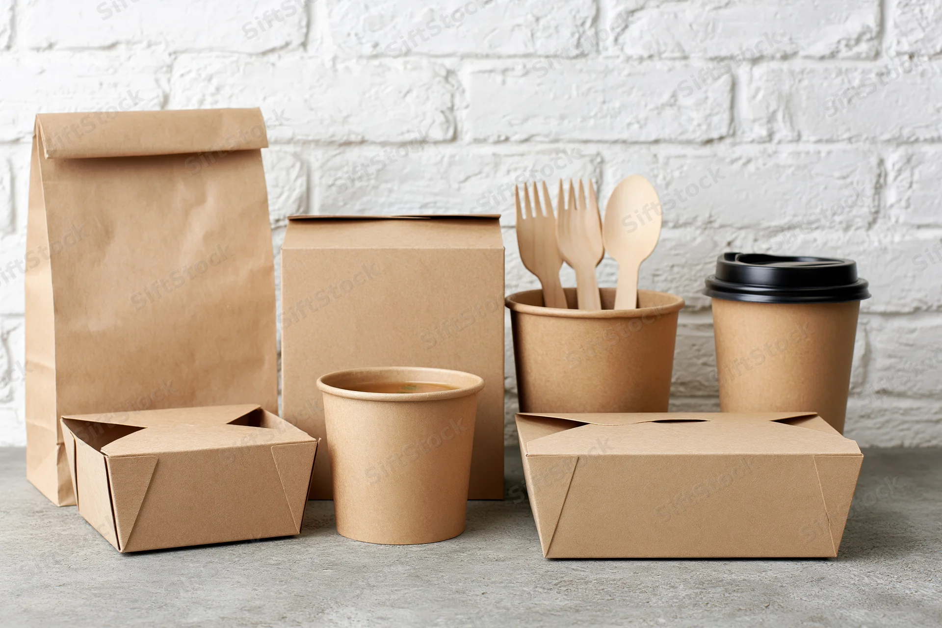 Kraft paper food packaging arranged on a grey concrete surface against a white brick wall