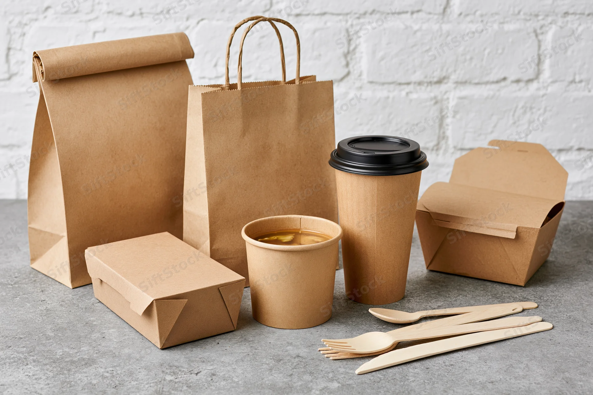 Kraft paper food packaging arranged on a grey concrete surface with bamboo utensils and coffee cups