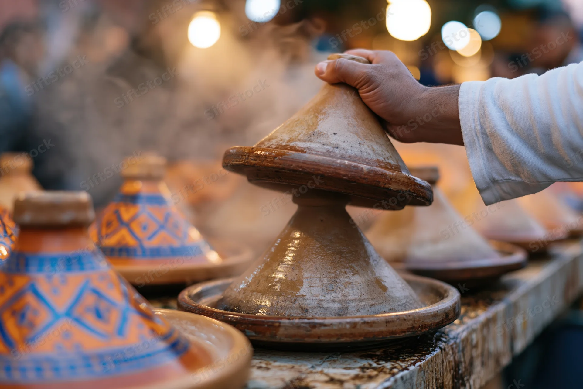 Cook lifting conical lid from steaming moroccan tagine at night market
