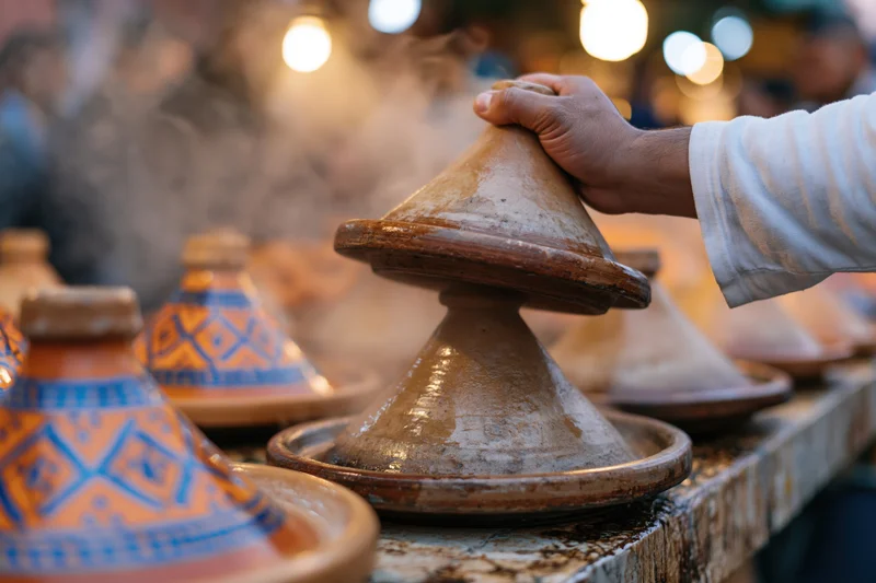 Cook lifting conical lid from steaming moroccan tagine at night market