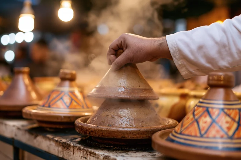 Cook lifting conical lid from steaming moroccan tajine on market stall