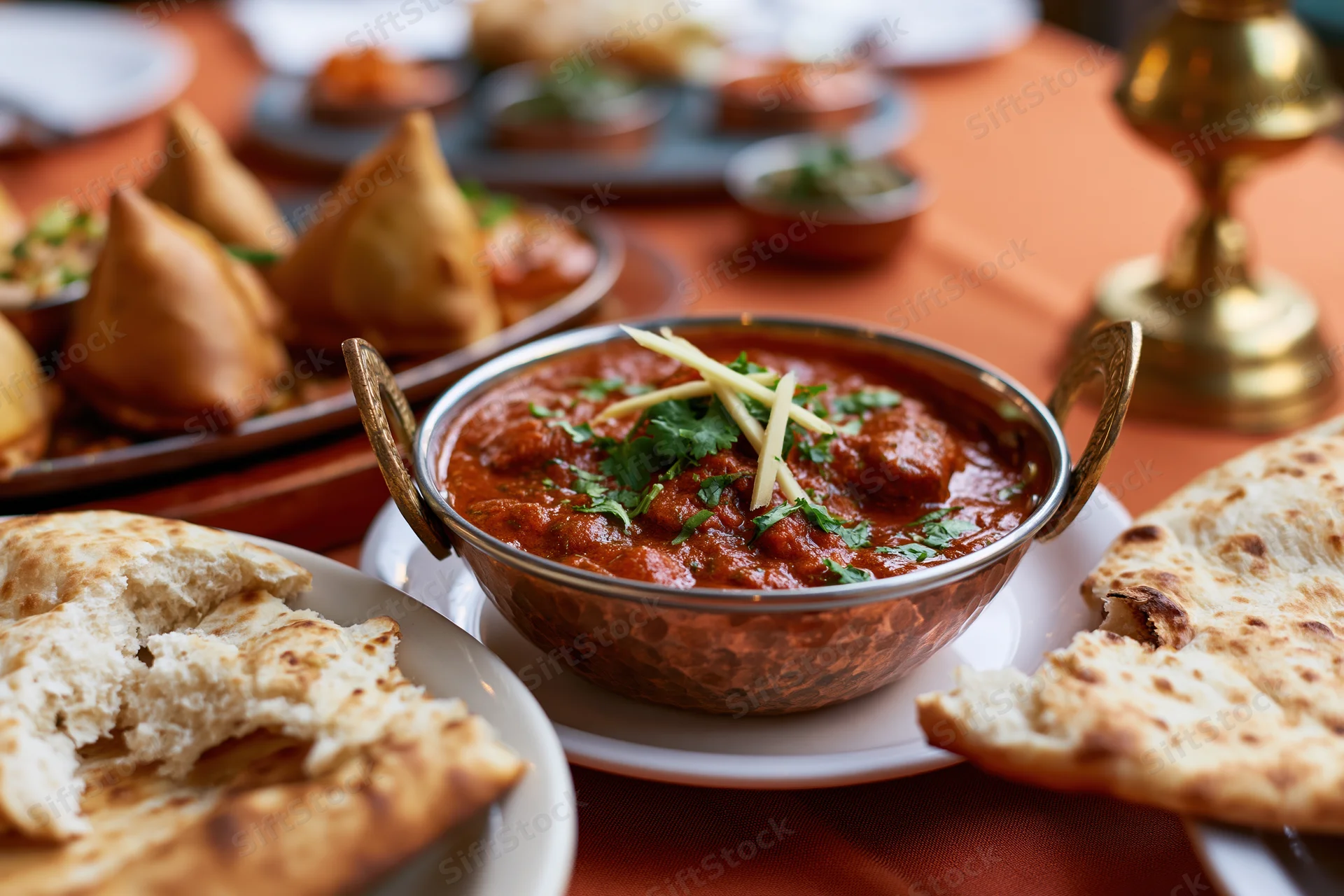 Copper karahi bowl filled with red curry garnished with cilantro and ginger served with naan and samosas on a dining table