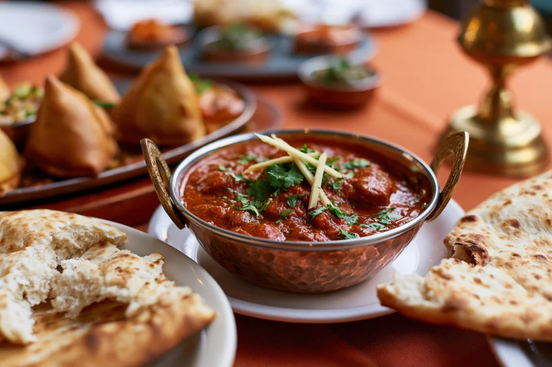 Copper karahi bowl filled with red curry garnished with cilantro and ginger served with naan and samosas on a dining table