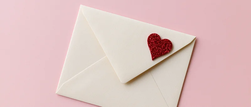 Cream envelope with red glitter heart seal on pink background