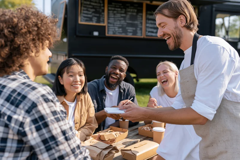 Waiter taking order from smiling customers at outdoor food truck table