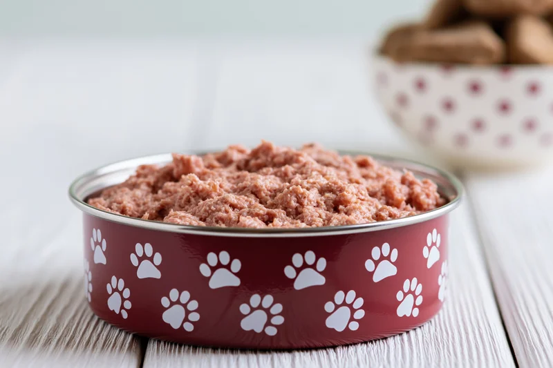 Dark red metal pet bowl with white paw prints filled with wet dog food on wooden surface