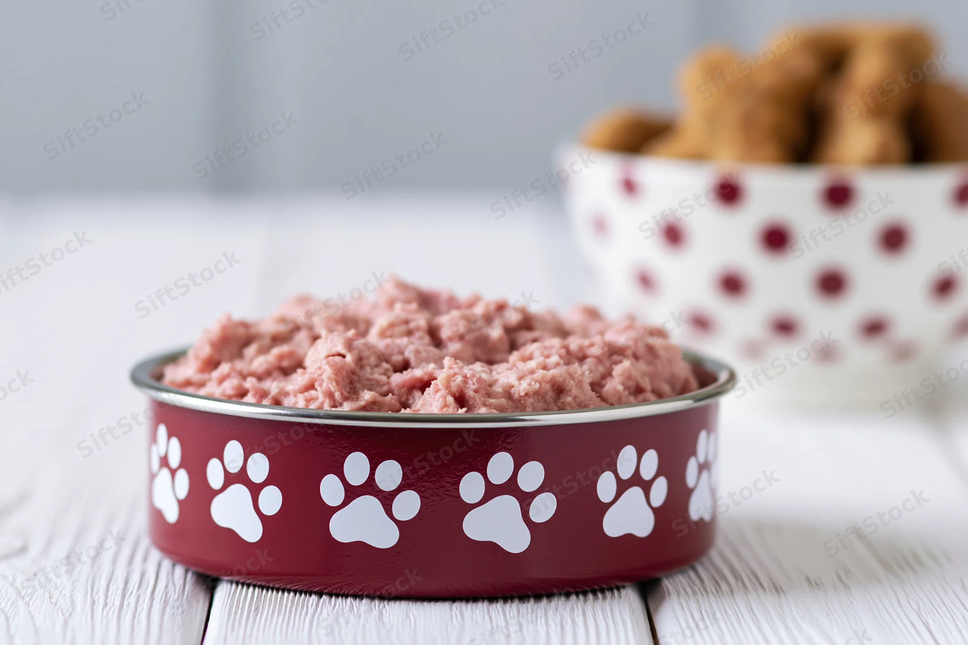 Dark red metal pet bowl with white paw prints filled with wet dog food on wooden surface, with ceramic bowl of treats in background