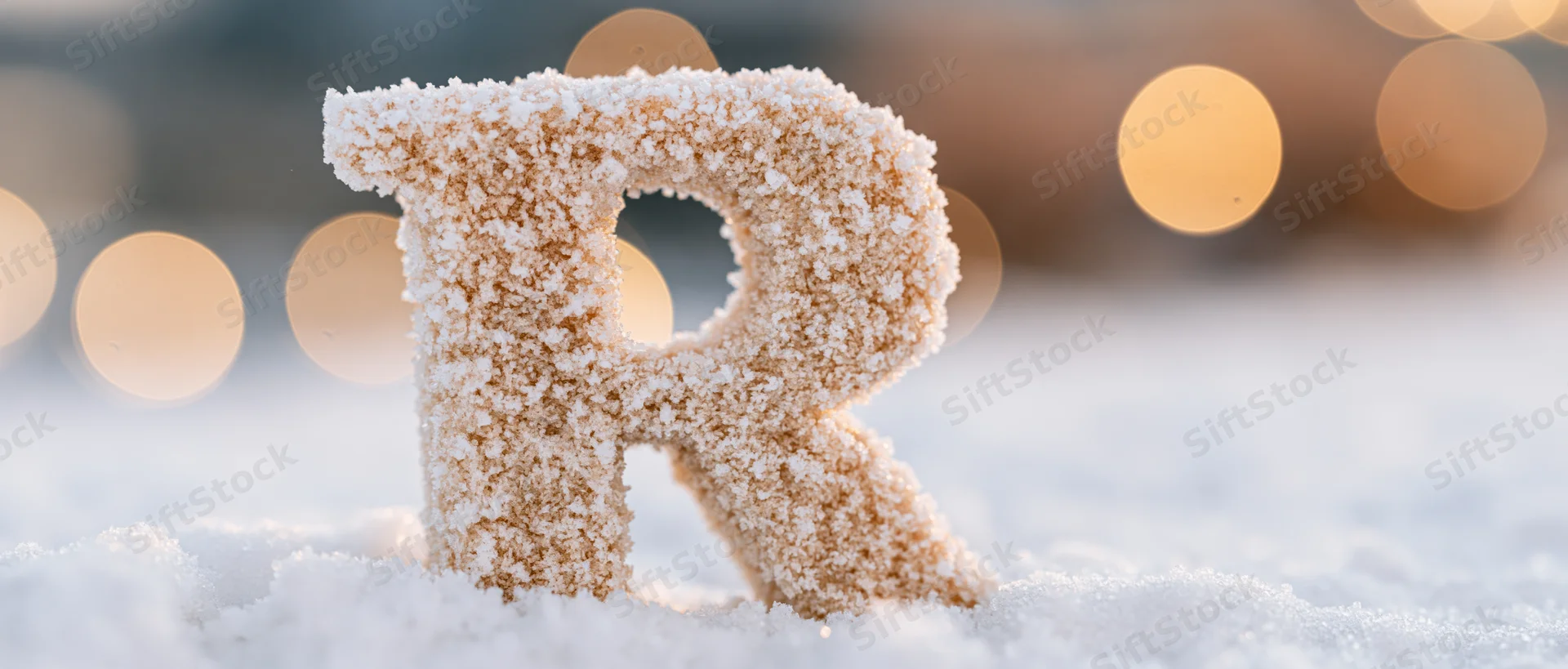 Frosted letter r standing in snow with blurred lights behind
