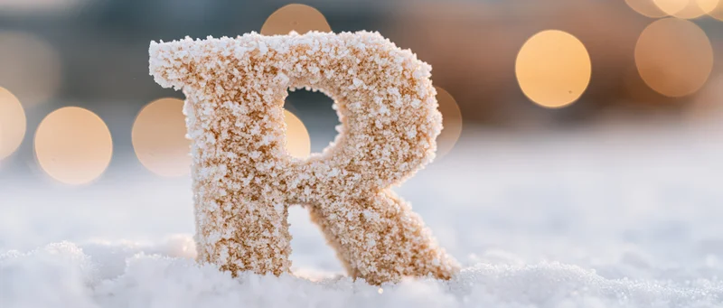 Frosted letter r standing in snow with blurred lights behind