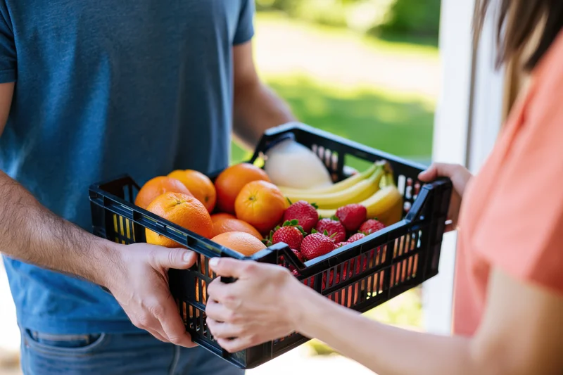 Delivery man handing a black basket of fresh fruit and milk to a woman at a door