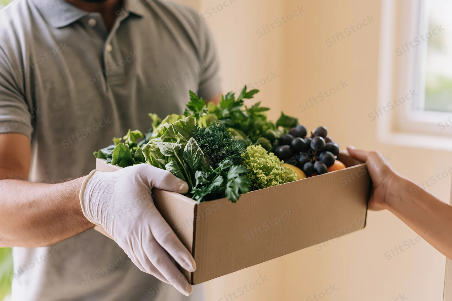 Delivery person handing a box of fresh produce to a recipient indoors