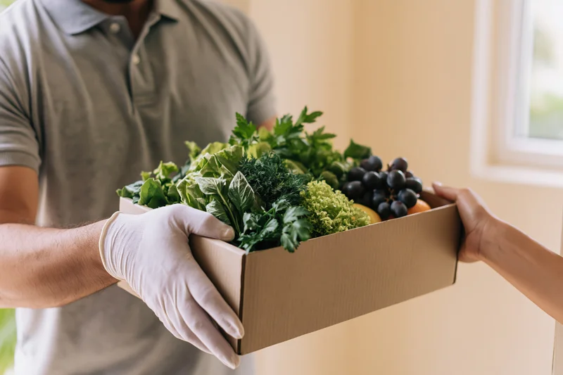 Delivery person handing a box of fresh produce to a recipient indoors