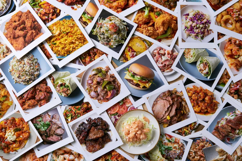 A dense collage of food photographs layered and overlapping, showcasing diverse dishes and meals in a vibrant culinary display